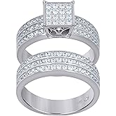 Jewels By Lux Sterling Silver Women's Cubic-Zirconia Duo Bridal Anniversary Wedding Engagement Band Ring Set
