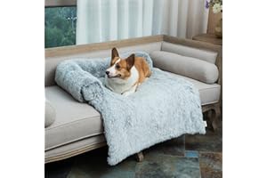 Coohom Calming Dog Bed Pet Couch Protector Dog Cat Bed Mats for Furniture with Removable Washable Cover,Plush Sofa Cover Cushion with Soft Neck Bolster (Medium 36", Light Grey)