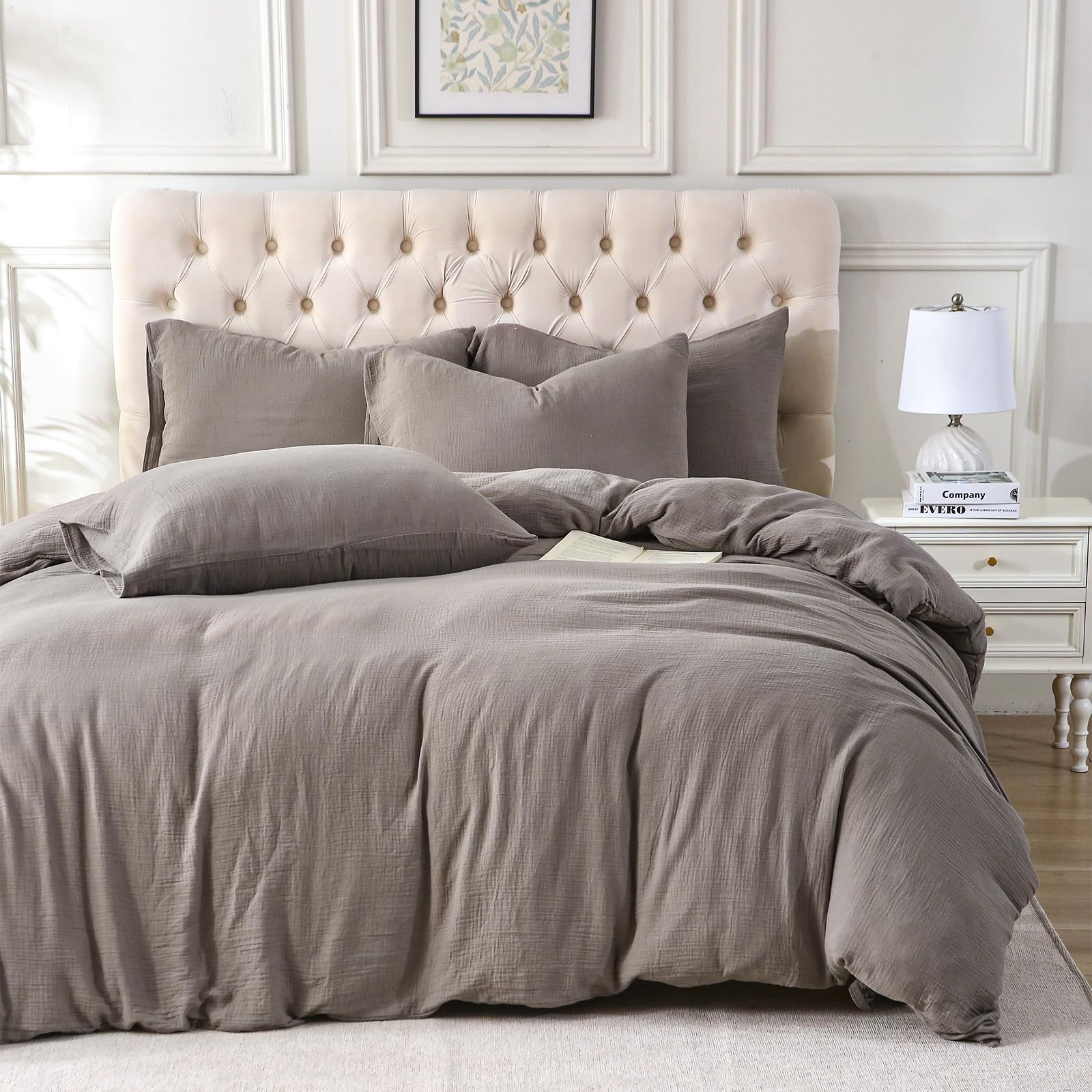 View 1 of - LEEQHRRY - Muslin Duvet Cover Queen Size, 100% Washed Cotton Duvet Cover Set, Ultra Soft Comforter Cover Linen Like, 3 Pieces Minimalist Gauze Duvet Cover with 2 Pillowcases, 90"x90", Gray