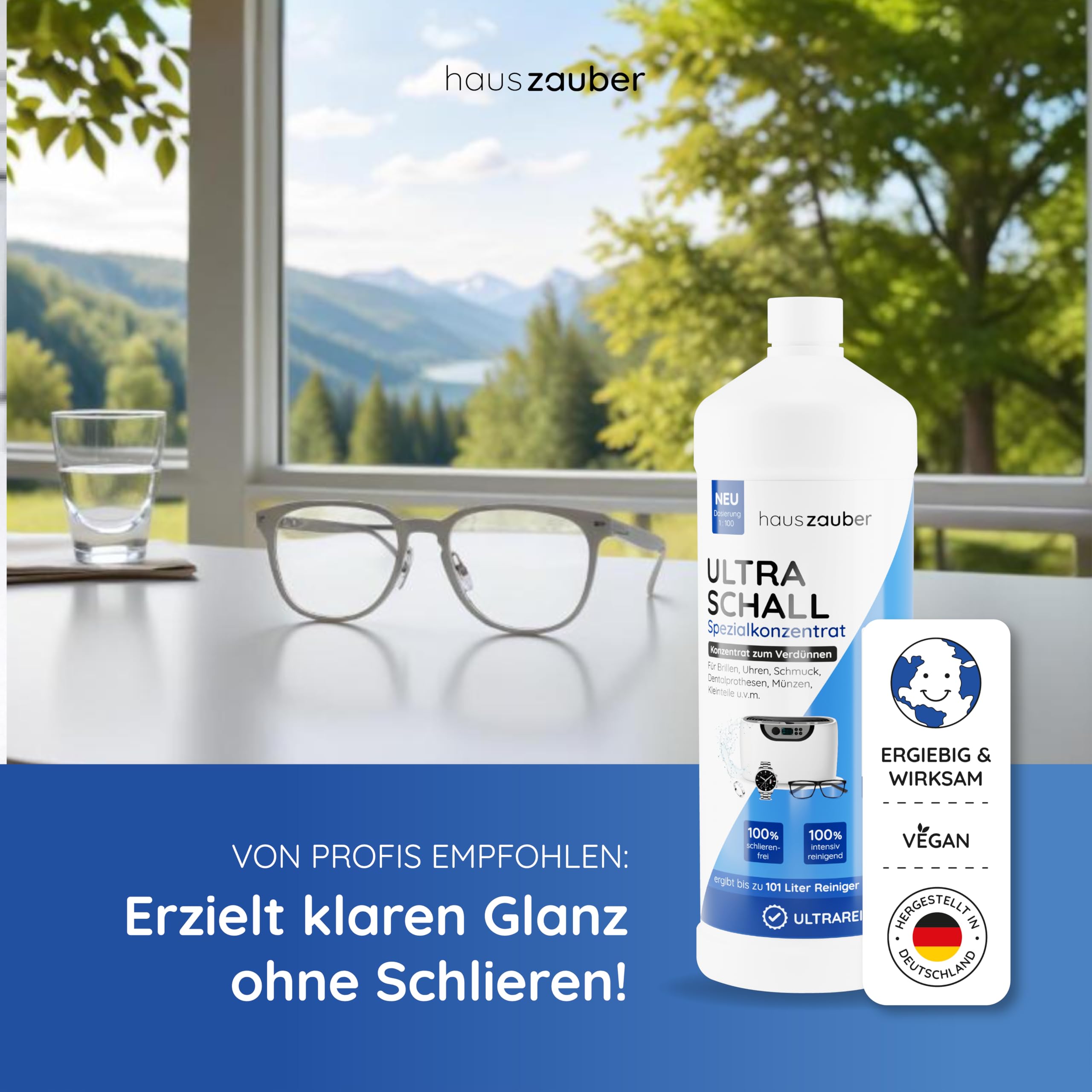 hauszauber - Ultraschallreiniger Konzentrat [EXTRA ERGIEBIG] 1000 ml - Reinigt Brillen, Schmuck, Zahnersatz, Münzen, Kleinteile etc. - Für Ultraschallgeräte & Ultraschallbad 4