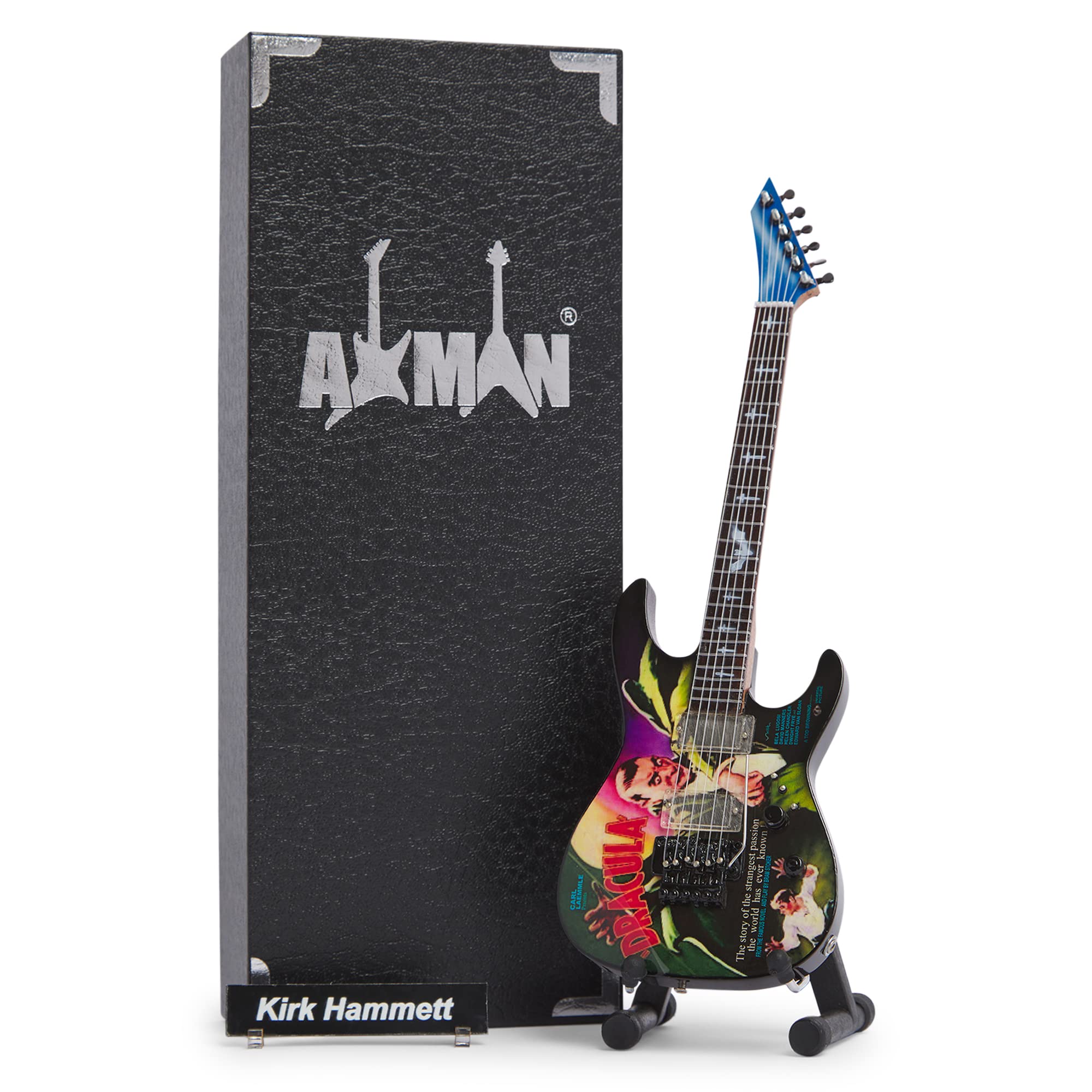 Axman Kirk Hammett (Dracula) Miniature Guitar Replica - Handmade Ornamental 1/4 Scale Wood - Music Gifts with Display Box, Name Tag and Miniature Guitar Stand Included