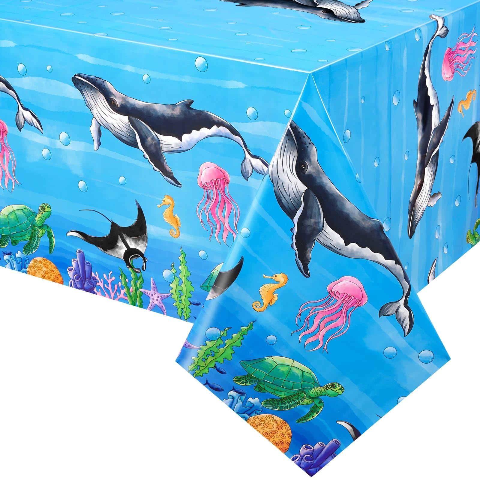 Photo 1 of WERNNSAI 1PCS Ocean Table Cloth - Shark Birthday Party Decorations Under The Sea Table Cover Blue Ocean Party Supplies for Kids Sea Animal Theme Birthday Decor 54” x 108”