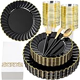 Ciaell 175 PCS Black Scalloped Plastic Plates with Gold Trim - Black Plastic Silverware with Handle - Fancy High-End Dinnerware Sets for Wedding & Party
