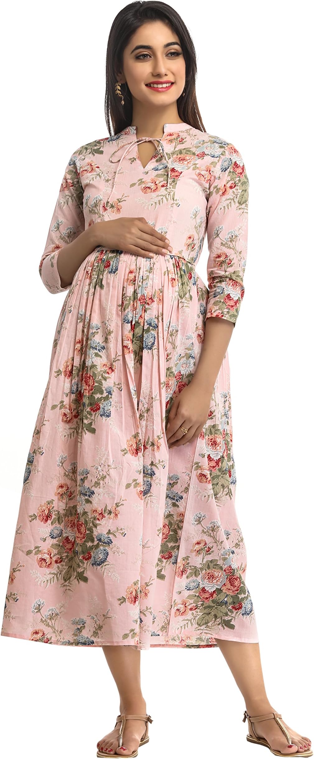 ANAYNA Women's Cotton Floral Printed Long Maternity Dress/Easy Breast Feeding/Breastfeeding Kurti/Ethnic Dress with Zippers for Nursing Pre and Post Pregnancy (Pastel Pink)