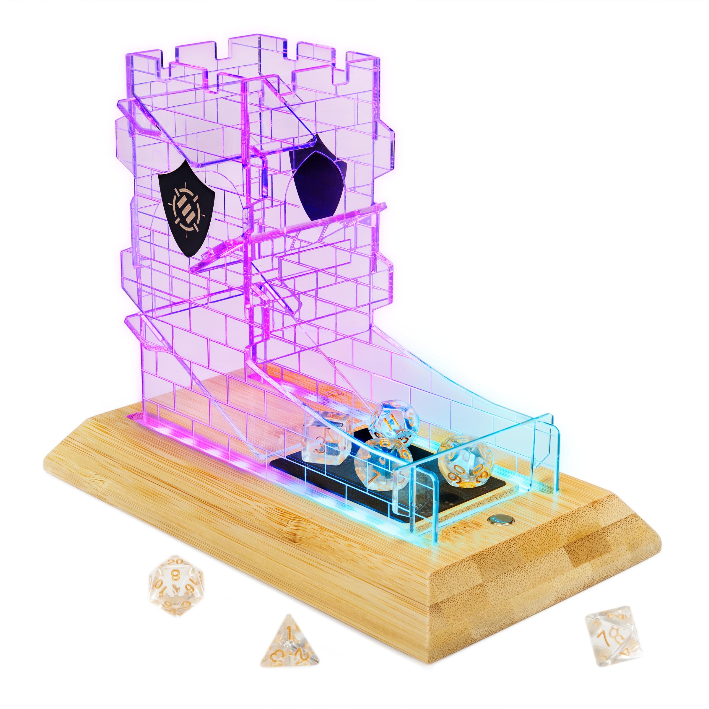 ENHANCE Tabletop LED Dice Tower with 7pc Dice Set for RPG Games - Clear Dice Set, LED Dice Roller with Bamboo Base and Castle Tower Design, Roll Up to 14 Standard Dice at Once - Great for Game Night