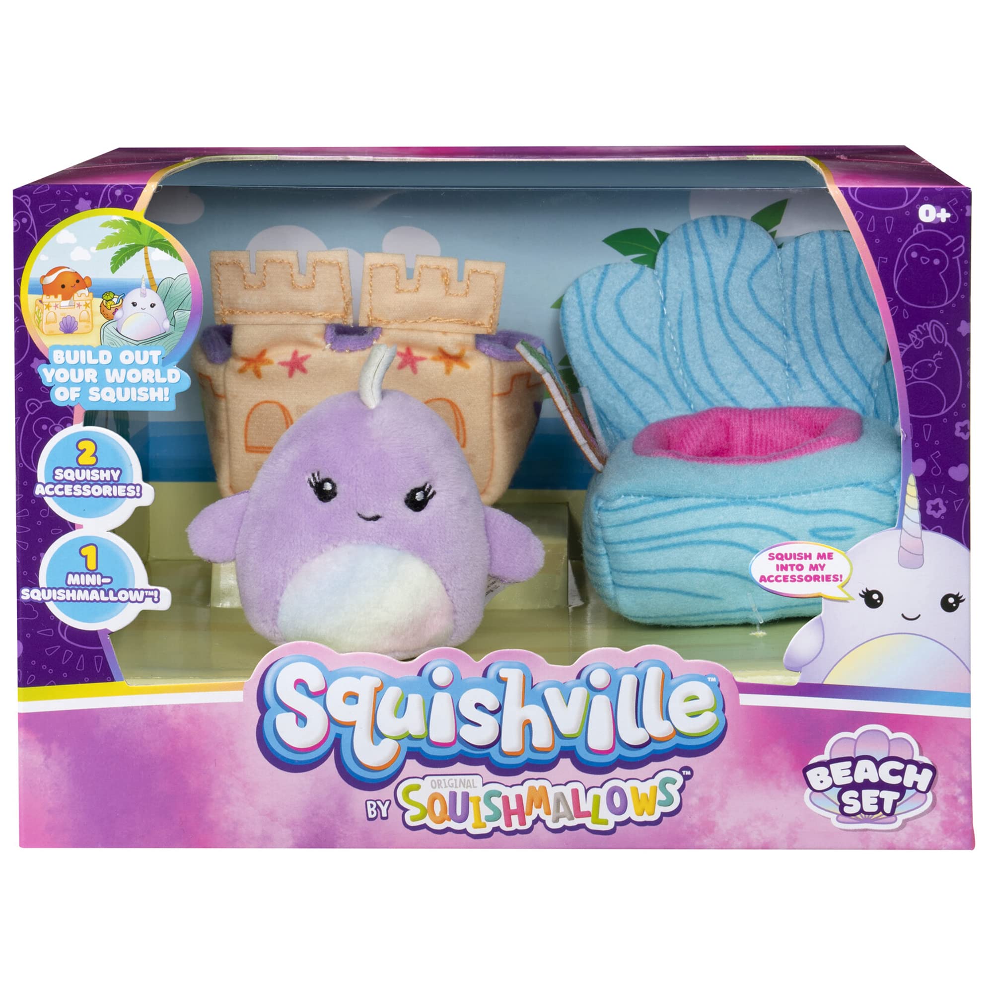 Squishville Mini-Squishmallows Plush Beach Accessory Set - Includes One 2-Inch Mini Plush, One Sand Castle Accessory, One Beach Chair Accessory - Irresistibly Soft, Colourful Plush