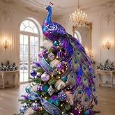 18 Inch Peacock Christmas Ornaments Blue Peacock Christmas Tree Topper | Long Tail Feather, Glitter Blue Purple Peacock Ornaments for Christmas Tree Decorations, Teal Xmas Wedding Party Tree Decor