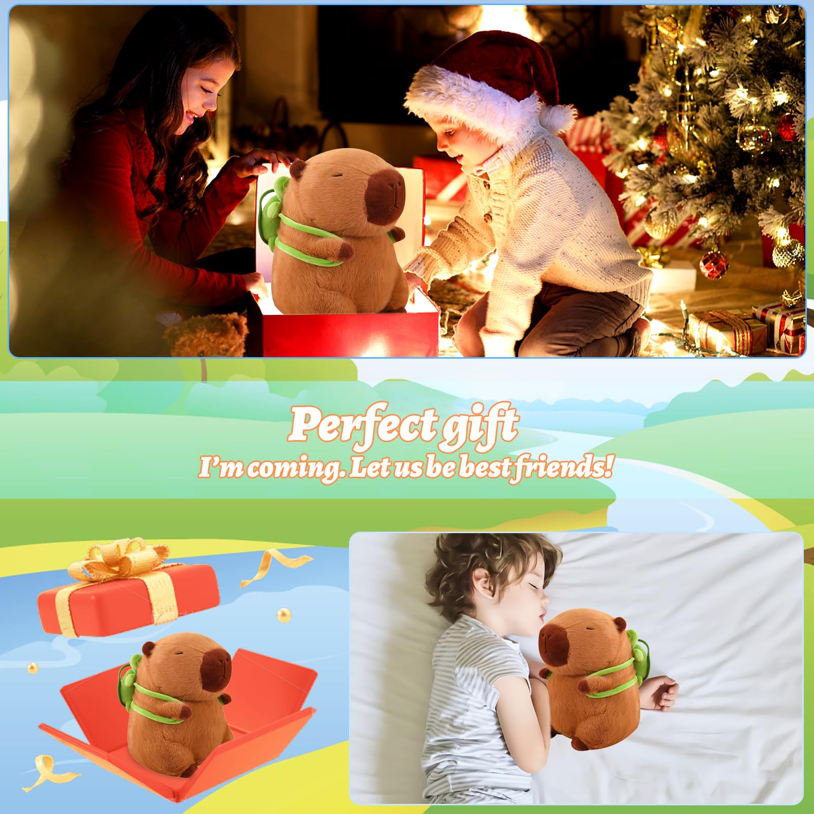 Emoin Cute Capybara Plush Toys Baby Girls Toys 13.8Inch Soft Capybara Stuffed Animals with Turtle Backpack Plushie Doll Birthday Gifts for Toddlers