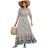 R.Vivimos Women's Summer V Neck Maxi Dress Boho Floral Print Short Sleeve Elastic Waist Ruffle Patchwork A-Line Beach Dress