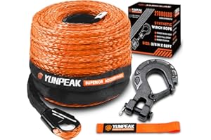 YUNPEAK Synthetic Winch Rope Kit, 3/8" x92 ft 27000LBS Winch Cable Replace Kit, with Protective Sleeve, Heavy Duty Hook, Safety Pull Strap for Off-Road 4x4 Vehicles SUV Jeep(Orange)