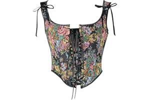 Bowanadacles Women Vintage Floral Camisole Flower Embroidery Pattern Tight Vest Drawstring Tie-up Tank Top Suspender Corset