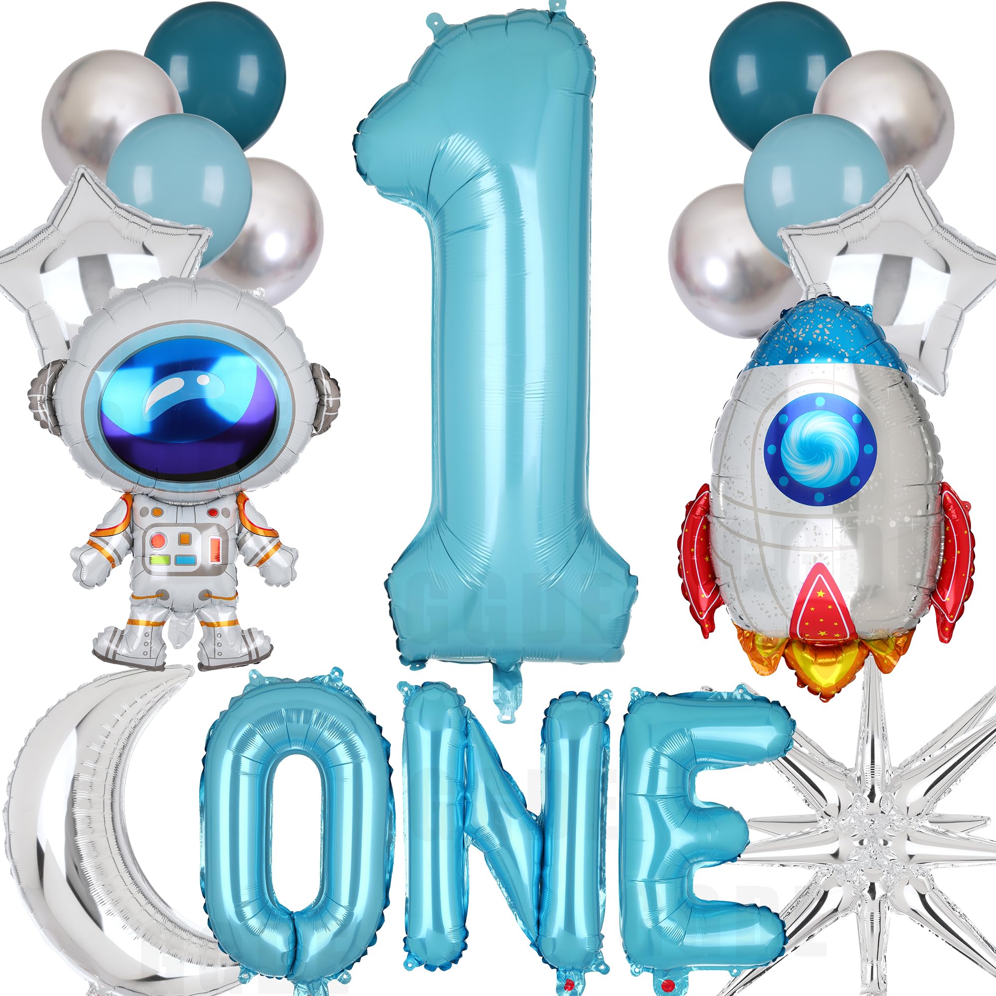 Photo 1 of 16 Pcs Space Themed Party Decorations - Rocket, Astronauts, Moon, UFO Balloons, 40 Inch Number Balloon 1 Blue - Outer Space Theme Boys Kids First 1st Birthday Party Decor Kit