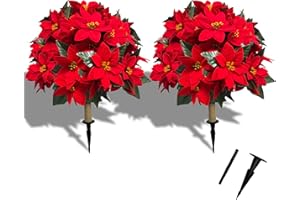 NSOPB 2 Pack 24.5-Inch Artificial Poinsettia Flowers with Ground Spike, Christmas Topiary Balls Trees, Faux Poinsettias Bush,Fake Poinsettia UV Realistic for Outdoor Porch Home Patio Christmas Decor