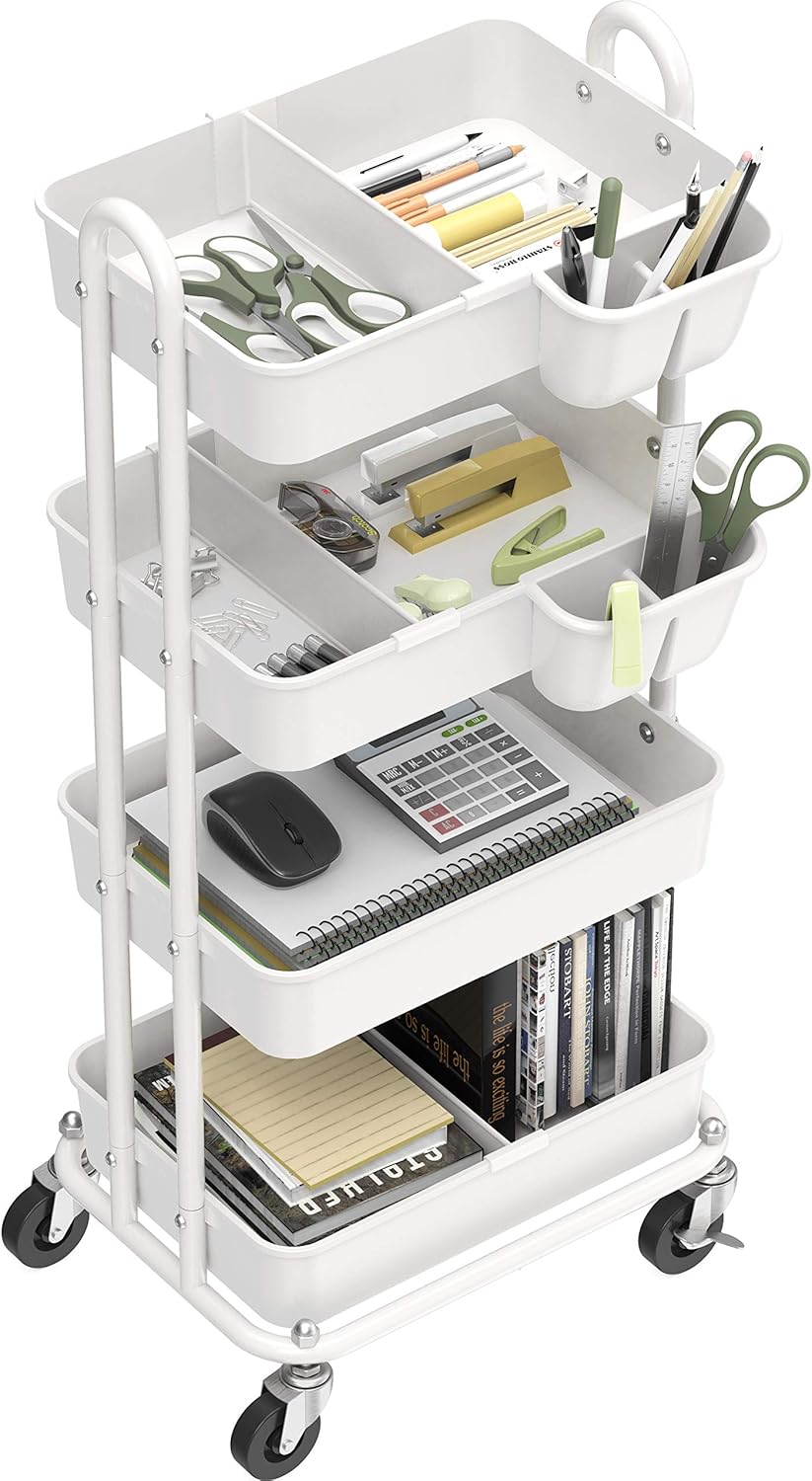SimpleHouseware Heavy Duty 4-Tier Utility Rolling Cart, White : Office Products
