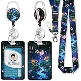 Piefly Lanyards for Id Badges, Fireflies Forest Badge Holder with Retractable Reel Belt Clip, Purple Work Name Tag Lanyard Vertical ID Card Protector Case for Women Nurse Doctor Teacher Student