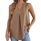 Flamingals Women’s V Neck Button Front Pleated Chiffon Solid Stylish Casual Fashion Tank Tops