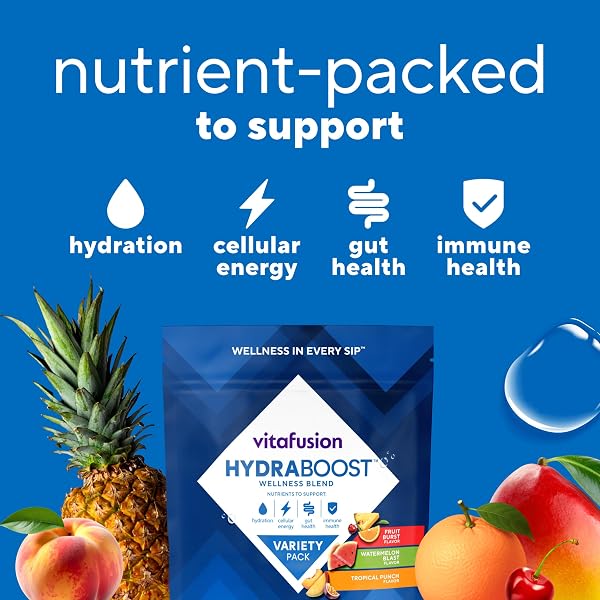 VITAFUSION HYDRABOOST DRINK POWDER PACKETS, ELECTROLYTES SUPPORT DAILY HYDRATION, VITAMINS SUPPORT CELLULAR ENERGY & IMMUNE HEALTH, PREBIOTIC FIBER SUPPORTS GUT HEALTH, VARIETY PACK, 18 STICKS
