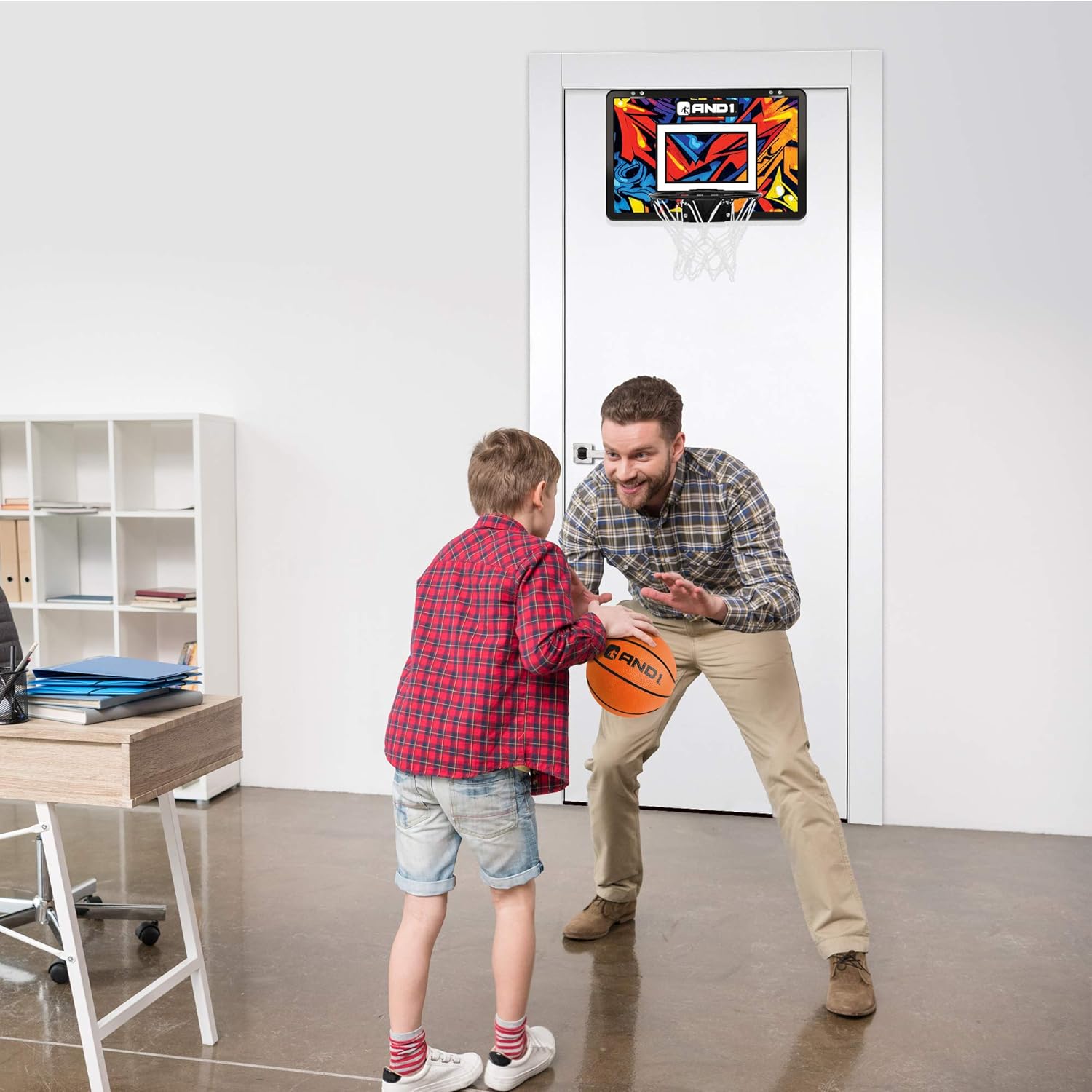 AND1 Mini Basketball Hoop: 18”x12” Pre-Assembled Portable Over The Door with Flex Rim, Includes Two Deflated 5” Mini Basketball with Pump, for Indoor, Orange/Blue : Sports & Outdoors