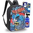DC Comics Batman Backpack for Kids - 16" Batman School Bag with Batman Stickers, Water Bottle, Door Hanger, and More (Batman School Supplies Bundle)