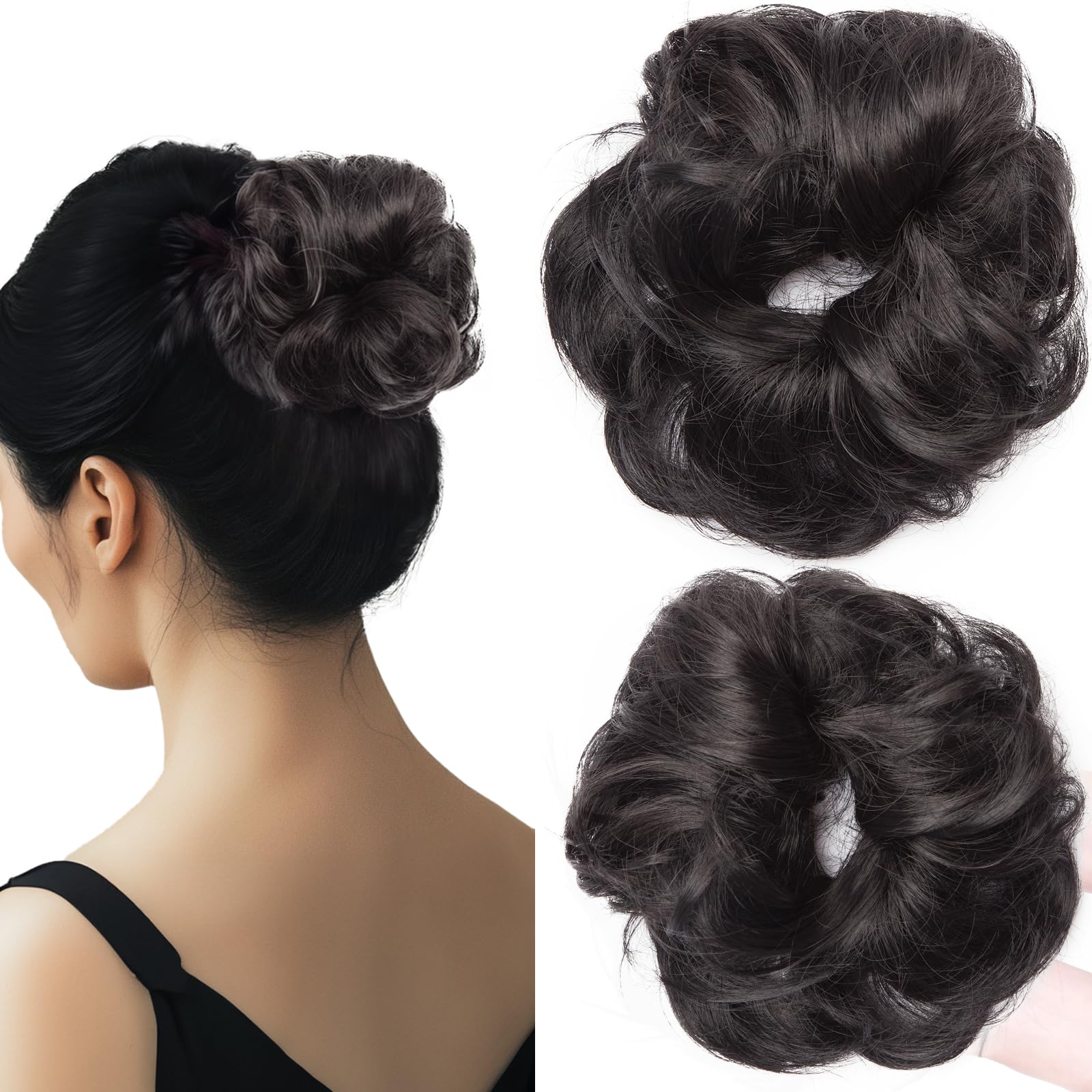 SEGOHAIR Messy Bun Hair Piece Fake Hair Bun Hair Scrunchies Bun - Lightweight 25g Synthetic Hair Bun Piece for Women, Natural Black Curly Wavy Elastic updo Scrunchy Bun