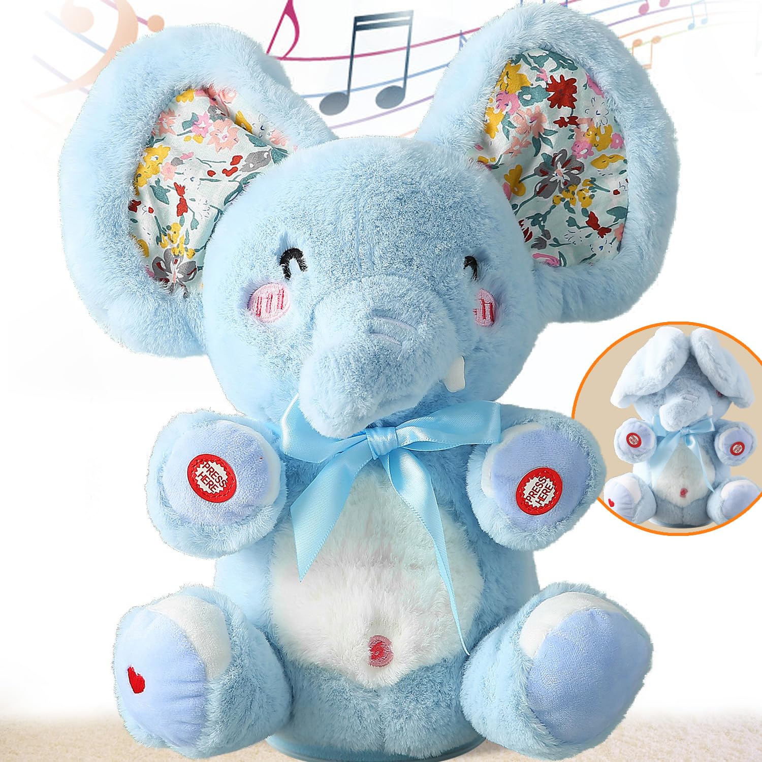 Marsjoy Baby Blue Peek A Boo Elephant Plush Stuffed Singing Elephant, Repeat What You Say, Musical for Toddler with Moving Ear, Singing Talking Stuffed Animal Baby Toy for Boy Girl