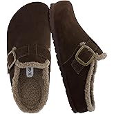 CUSHIONAIRE Haven Genuine Leather Clogs for Women – Faux Fur Lined Slip-On Womens Shoes with Cork Footbed and Adjustable Buckle