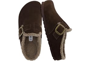 CUSHIONAIRE Haven Genuine Leather Clogs for Women – Faux Fur Lined Slip-On Womens Shoes with Cork Footbed and Adjustable Buckle
