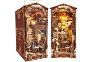 CRIOLPO Book Nook Kit - DIY Doll House Wooden Miniature House Kit, Book Nook Miniature Kit for Adults Teens, 3D Wooden Puzzle Bookshelf Insert Kits with Sensor Led Light