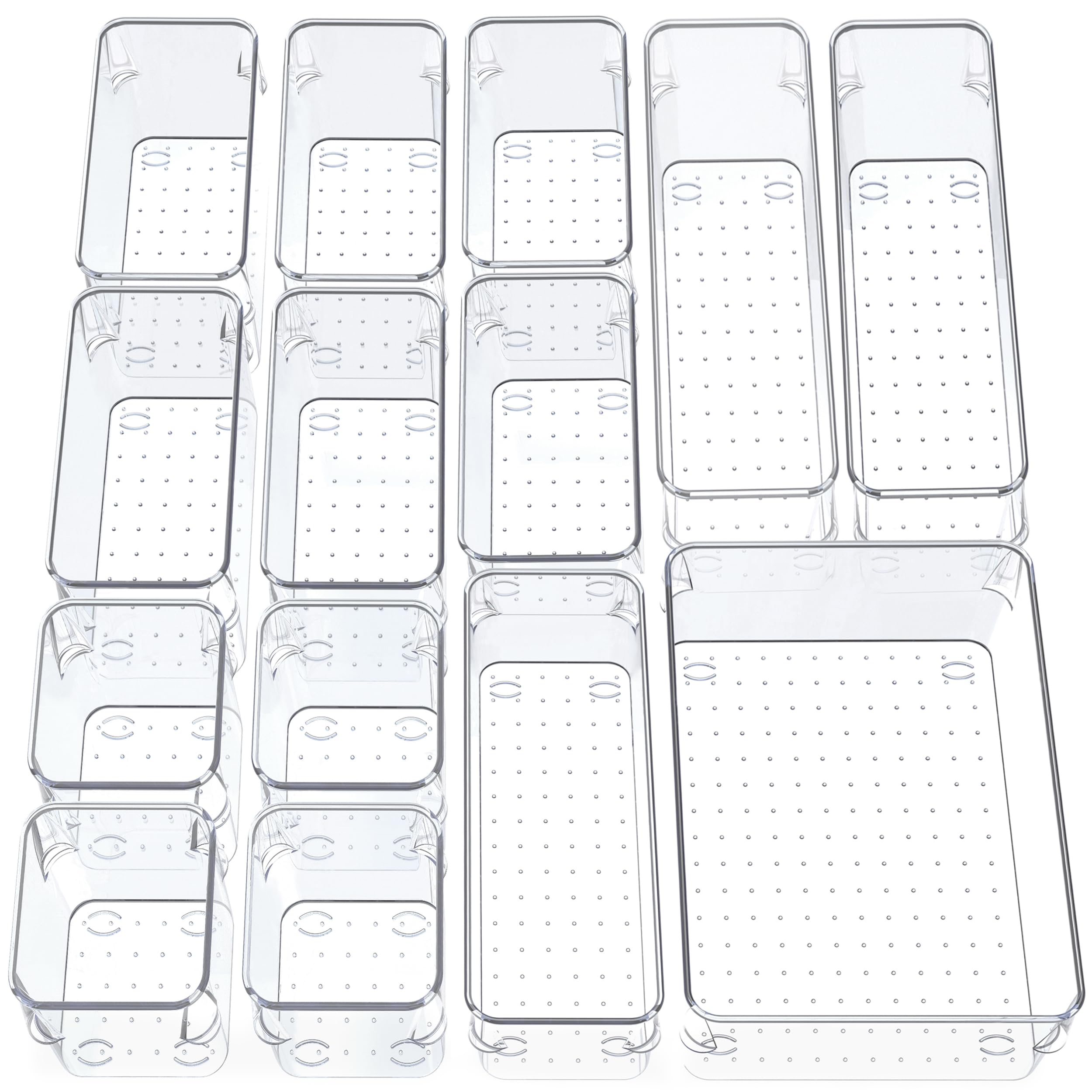 SMAZIUL 14 Pcs Clear Drawer Organiser with 4 sizes Desk Organizer ideal for organizing, cosmetics, makeup, jewelry, office supplies, bathroom accessories & much more — image 1