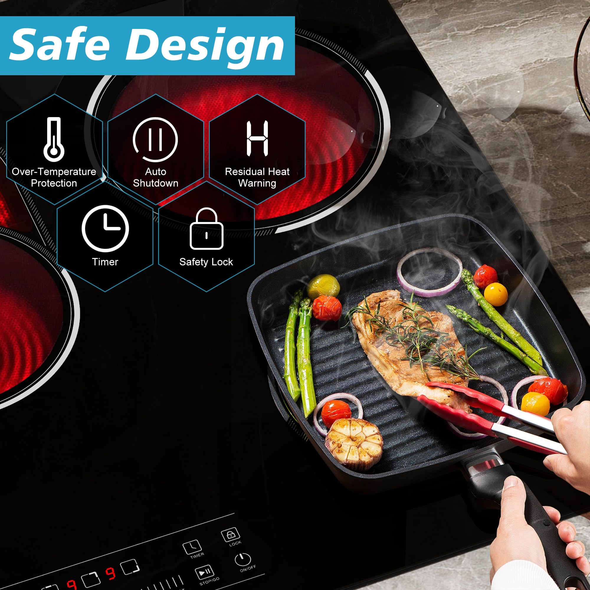 Traenvir 5 Burner Electric Cooktop, 30 Inch 8400W Built-in Electric Stovetop, Glass Ceramic Cooktop with Expanded Zone, Slide Touch Control, Child Lock, Timer, Pause, 220V - 240V Hard Wire, No Plug