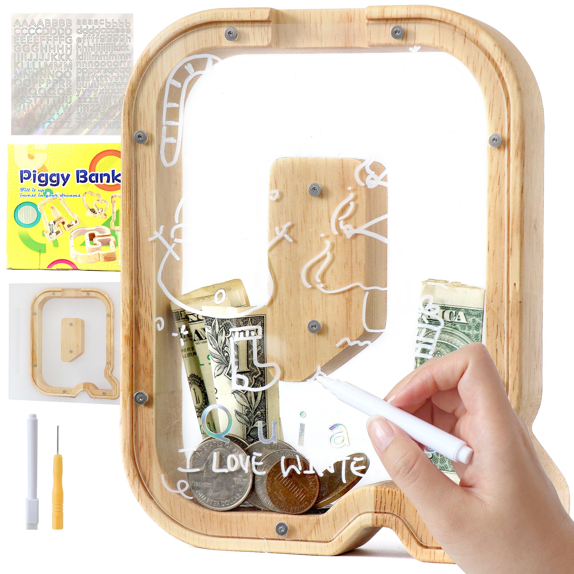 Mikytoper Letter Money Box for Kids Wooden Personalized A-Z Piggy Bank Clear Money Bank for Alphabet Banknote Coin Bank for Gift Decoration Baptism (Q)