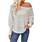 GORGLITTER Women's Off The Shoulder Sweater Long Sleeve Cropped Boat Neck Crochet Bat Wing Sweaters 2025 Trendy