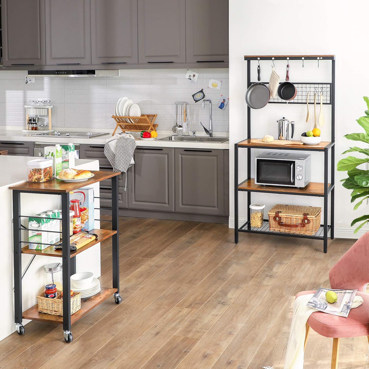 VASAGLE ALINRU Kitchen Bakers Rack Cupboard with 10 Hooks, Mesh Panel, 3 Shelves, and Adjustable Feet, for Microwave Oven Cooking Utensils, Industrial, Rustic Brown UKKS17BX - Standing Baker's Racks