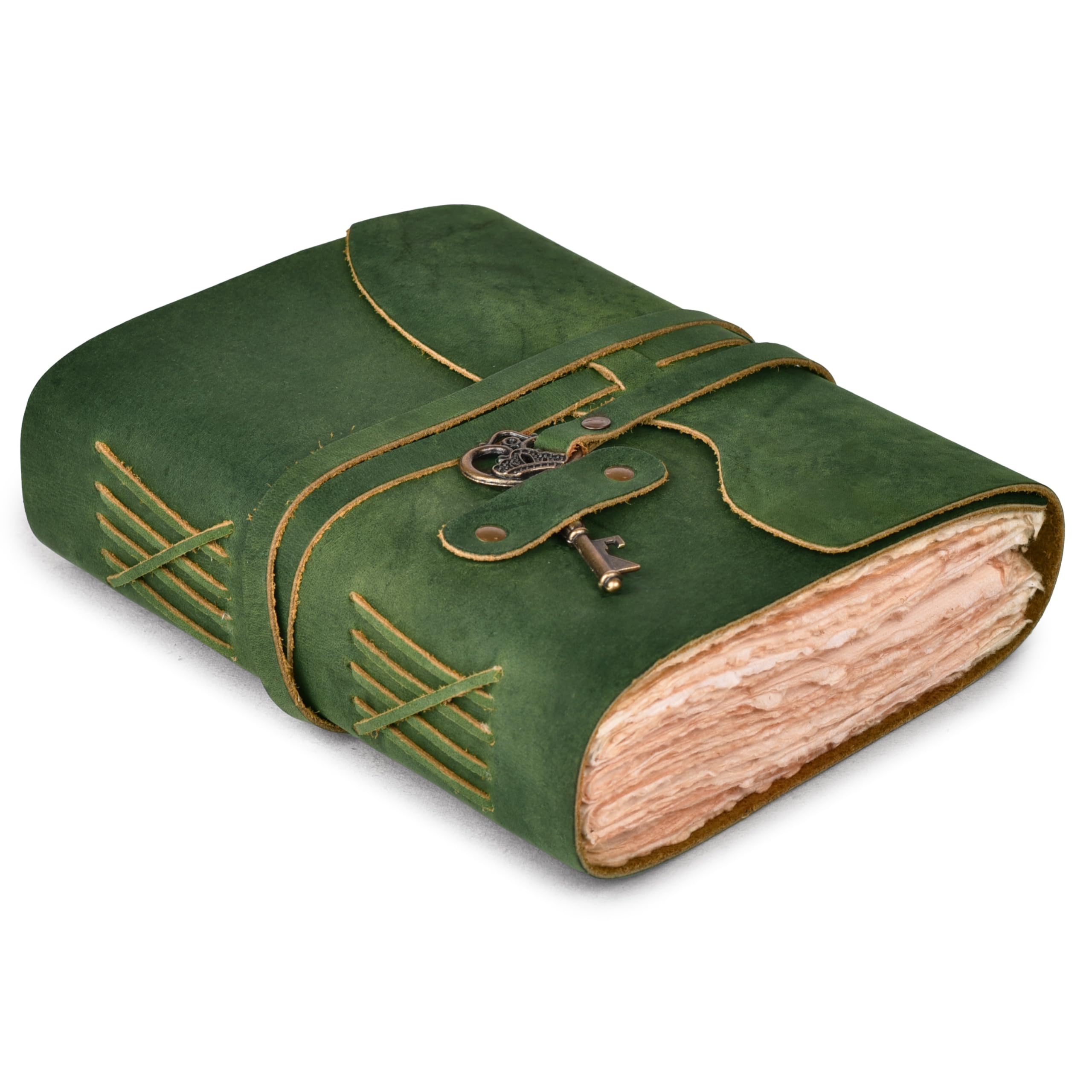 LEATHER VILLAGE Vintage Leather Journal – 200 Handmade Vintage Deckle Edge Paper – Leather bound Journal For Women Men – Brass Key Closure - Book of Shadows - Green - 8X6 inches (A5)