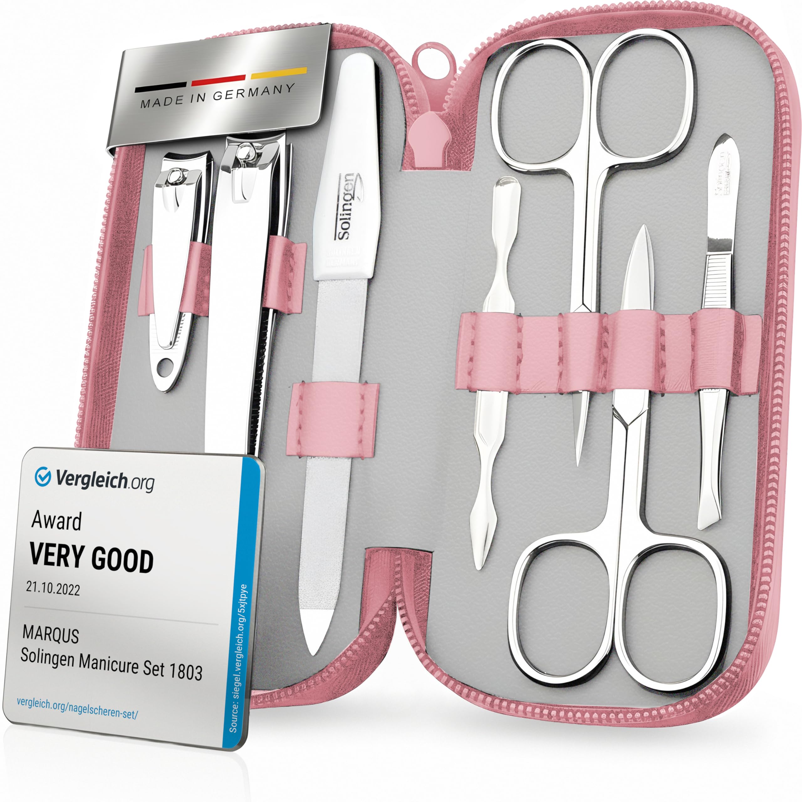 Solingen Manicure Set for Women & Men - Comparison Winner with Top Price/Performance Ratio - Handy and Soft Case - 7-Piece Grooming Kit, Rosa