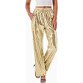 Women's Sequin Pants Shiny Sparkly Party Club Night Out Metallic Casual Wide Leg Pants Trousers
