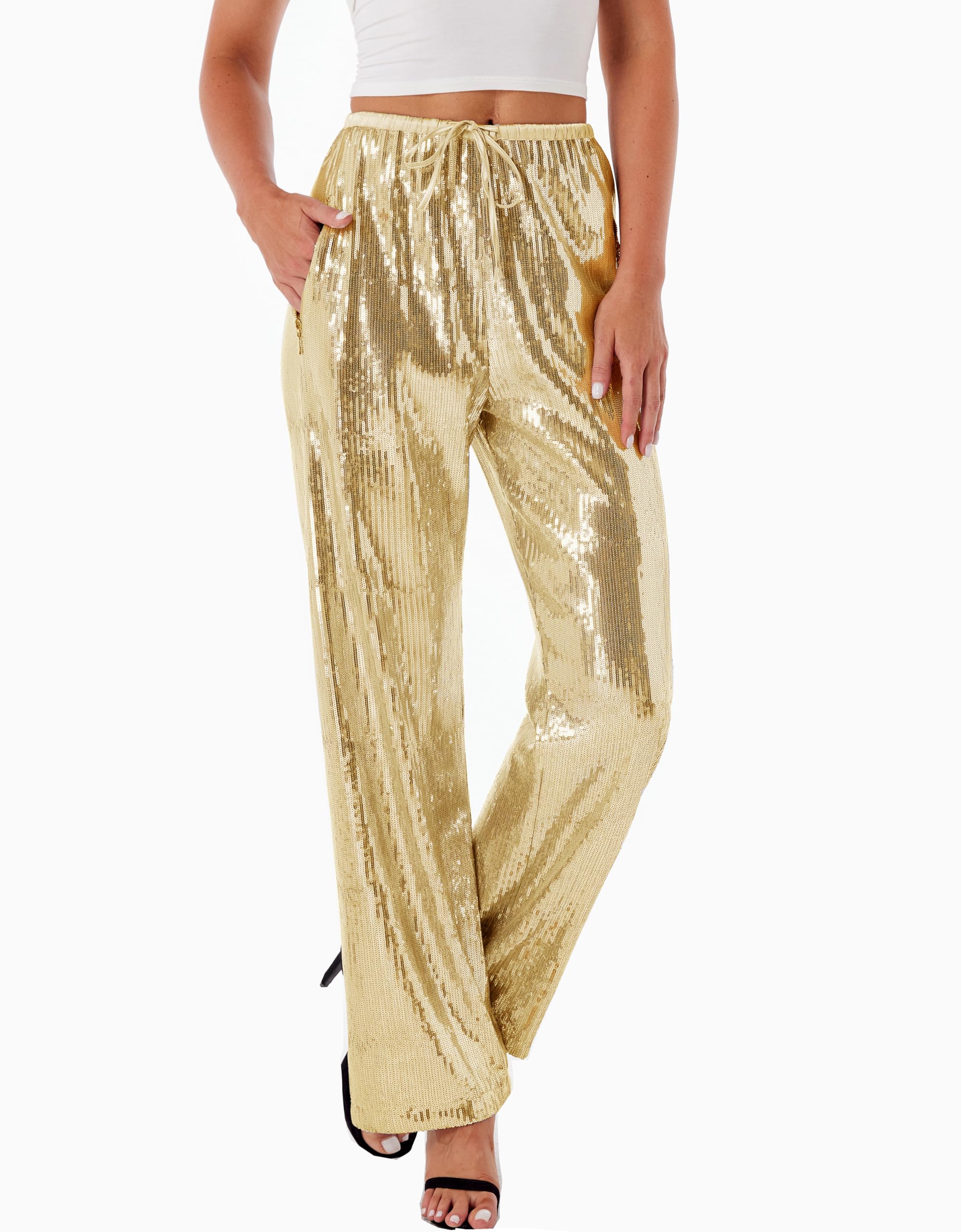 Photo 1 of Women's Sequin Pants Shiny Sparkly Party Club Night Out Metallic Casual Wide Leg Pants Trousers