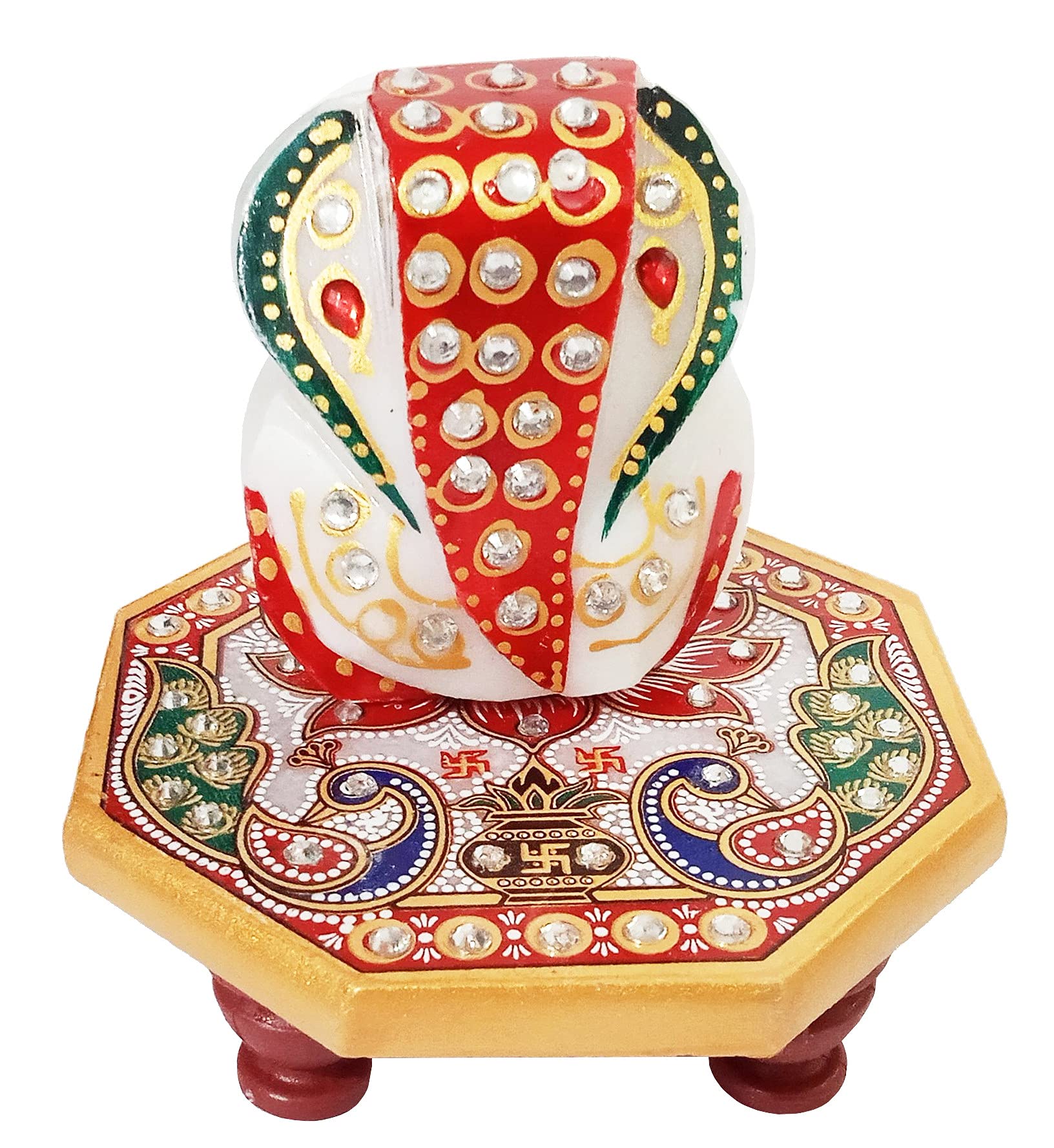 Purpledip Marble Chowki Ganesha Idol: Unique Octagon Aasan Platform Statue (15742B)