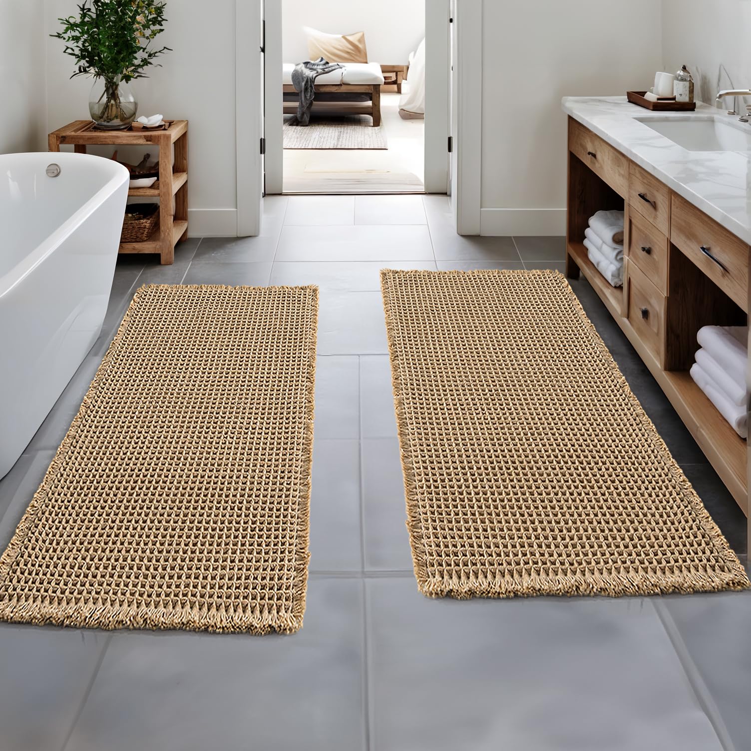 Photo 1 of MIULEE Set of 2 Waffle Bathroom Runner Rugs, Boho Bath Rugs Non Slip Washable, Super Absorbent Runner Bath Mats, Rubber Backed Shower Mats for Hallway Bedroom Laundry Room, Brown, 2'x5'(24x60 Inch)