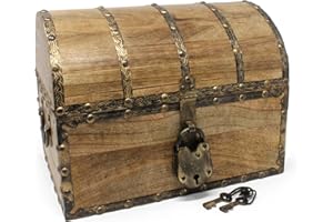 Nautical Cove Antiqued Finished Wood Treasure Chest with Decorative Rivets and Reinforcing Iron Strips with Lock and Skeleton Keys (Medium 11x8x8) – Wooden Keepsake Box, Pirate Decor, Storage Chest