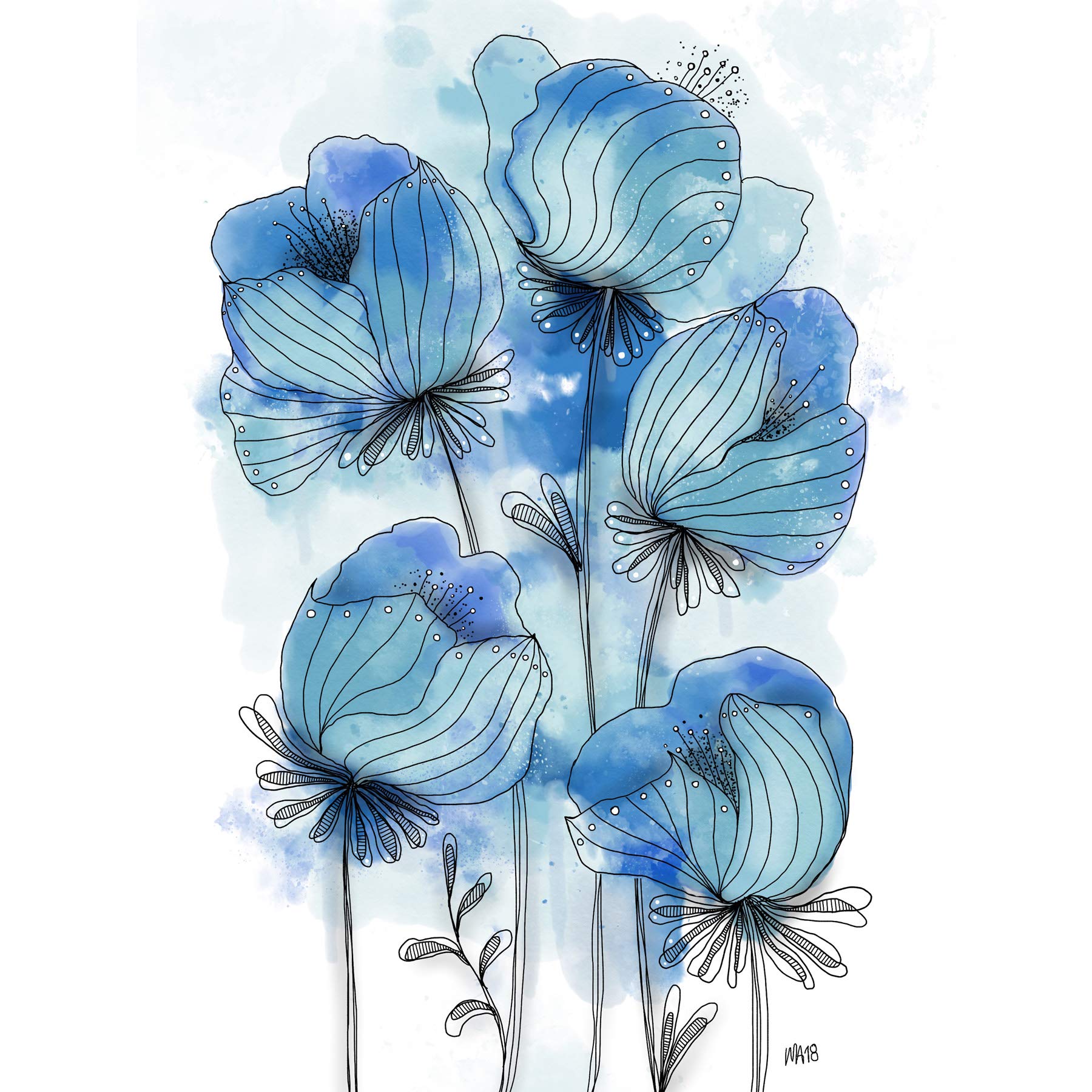 Artery8 Patterned Blue Poppies Watercolour Painting Premium Wall Art Canvas Print 18X24 Inch