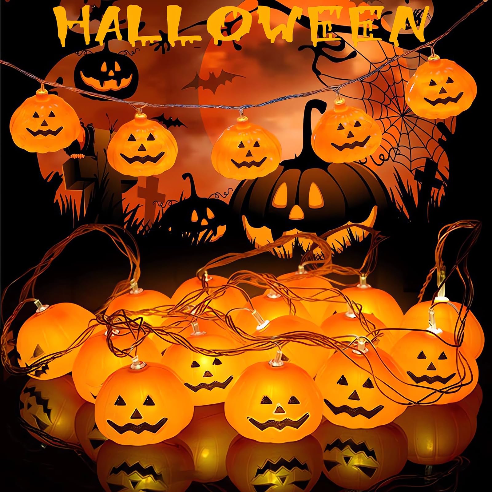 Sunwuun Upgraded 20 PCS 8 Modes Halloween Pumpkin String Lights Decorations for Room Garden Decoration, 3 Metres Halloween Decoration Lights for Indoor Outdoor Decoration