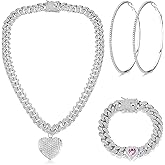 ORAZIO Cuban Link Chain Jewelry Set Cuban Chain Necklace Cuban Link Bracelet Rhinestone Hoop Earrings Gold/Silver Iced Out Chain Heart CZ Clear Cuban Link Chain Big Circle Earrings Hip Hop Cuban Link Chain For Women