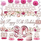 Vlipoeasn Flower 80th Birthday Decorations for Women, Rose Gold 80th Birthday Backdrop Banner, Cake Topper, Honeycomb, Hanging Swirl for Party, Cheers to 80 Years Old Party Supplies