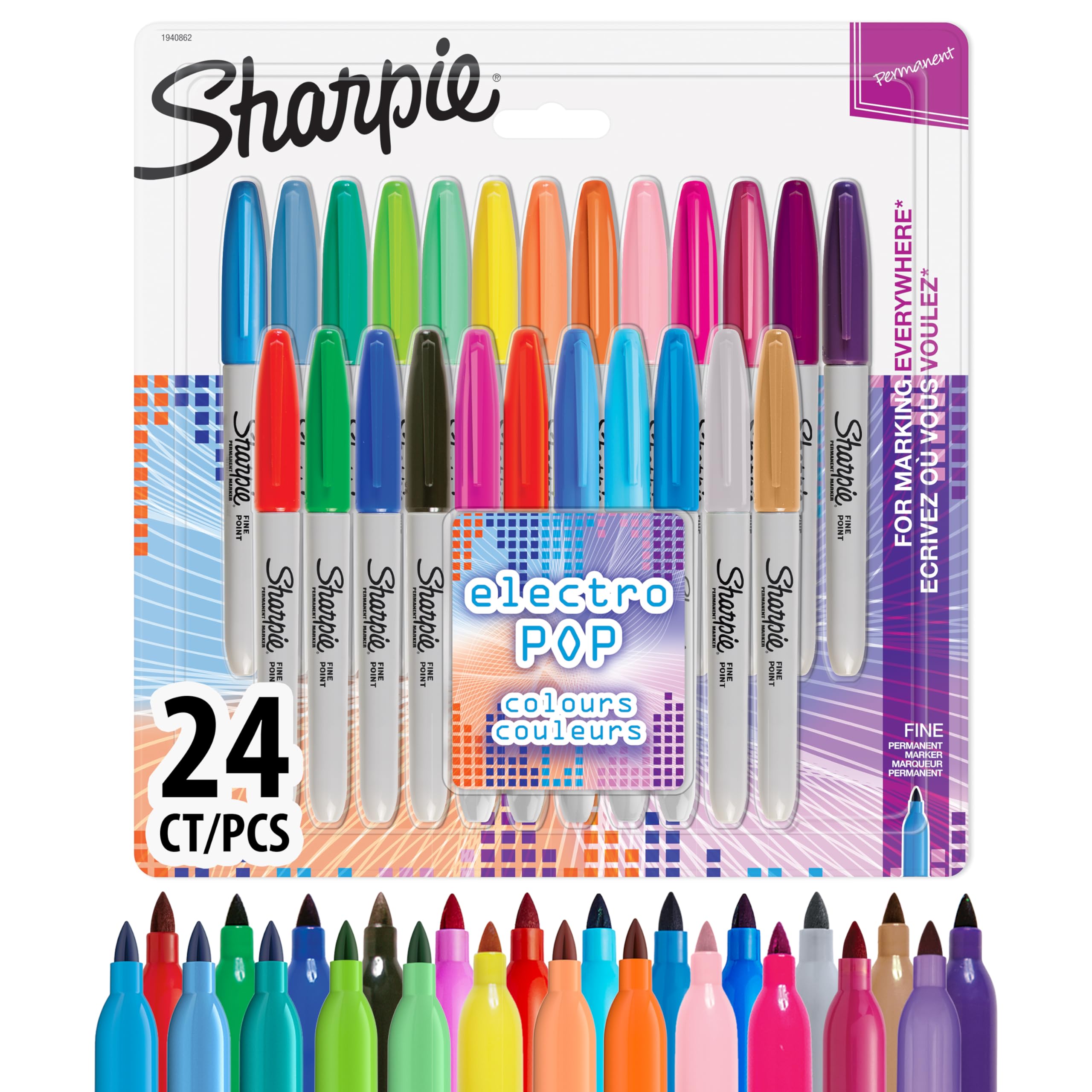 Sharpie Permanent Markers | Fine Point for Bold Details | Electro Pop & Assorted Original Colours | 24 Marker Pens