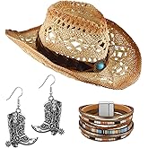 Inbagi 3 Pcs Women's Western Straw Cowboy Hat Set Western Jewelry for Women Bohemian Set Vintage Cowgirl Hat with Earring and Bracelet for Party Supplies