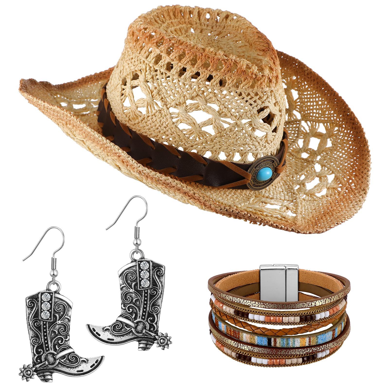 Photo 1 of *Missing Parts - Check clerk notes*
Inbagi 3 Pcs Women's Western Straw Cowboy Hat Set Western Jewelry for Women Bohemian Set Vintage Cowgirl Hat with Earring and Bracelet for Party Supplies