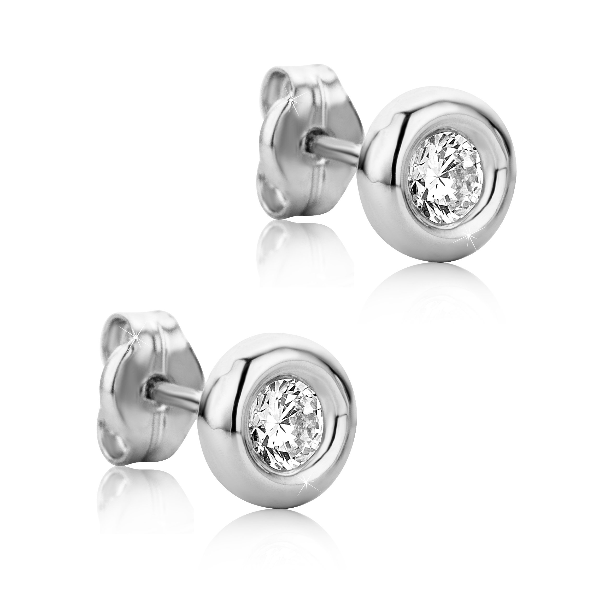 Orovi Round White Gold Earrings for Women with Cubic Zirconias in 9 Carat Gold, Hypoallergenic Earrings - Handmade studs with jewellery box — image 1