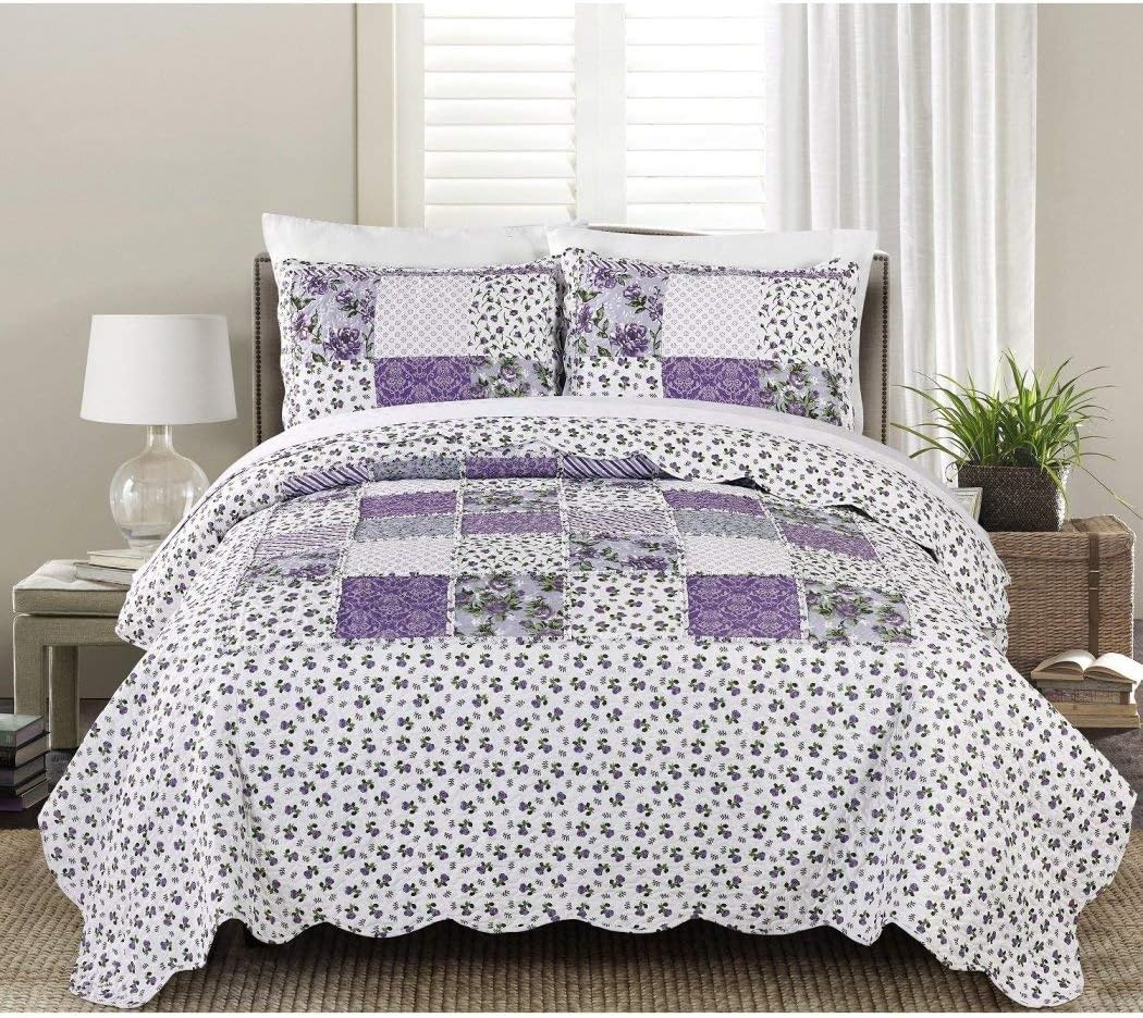 MISC 3pc Purple White Patchwork Pattern Full Queen Quilt