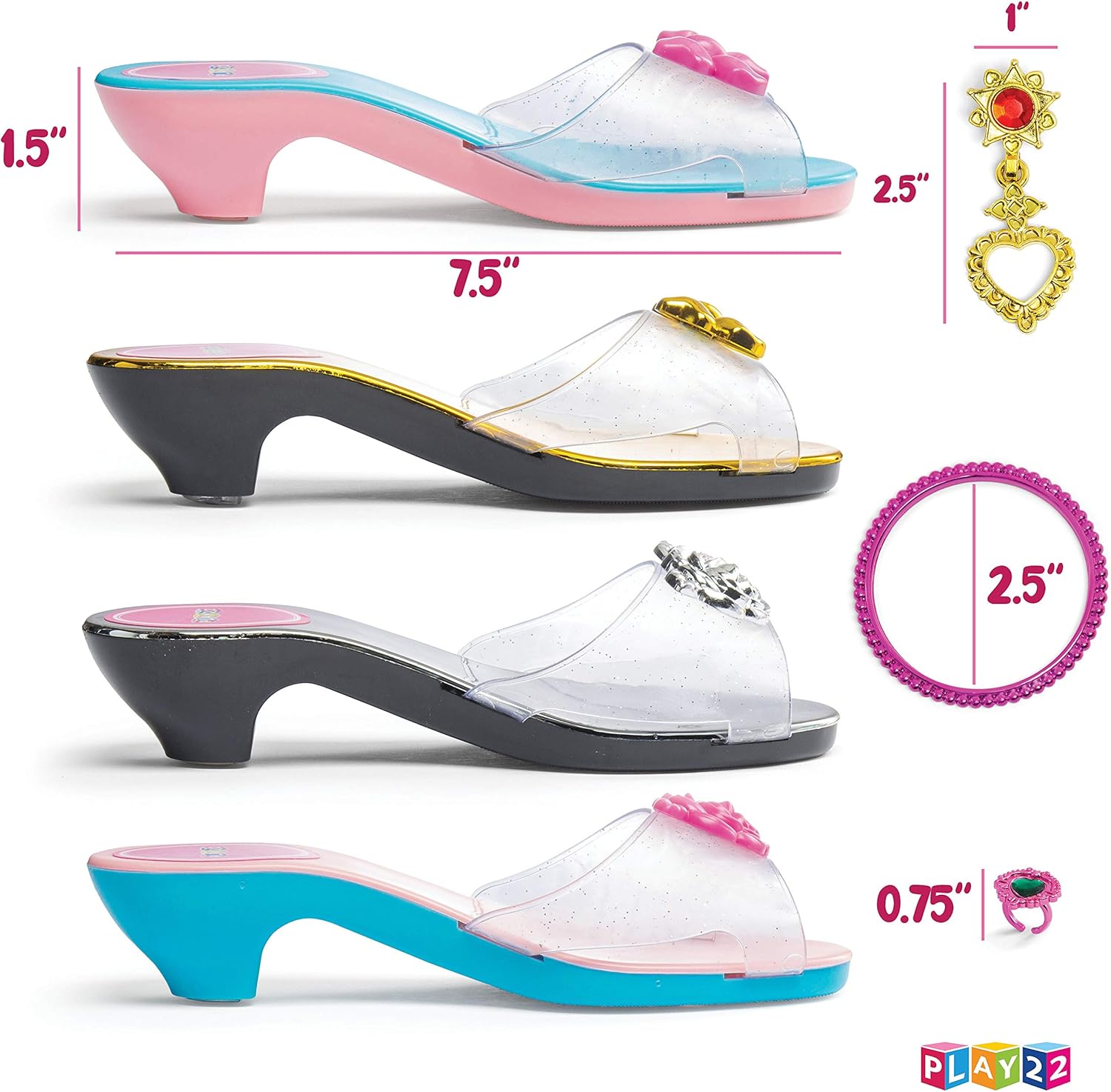 Play22 Princess Girls Dress Up Shoes And Jewelry Boutique 18 Set – 4 Pairs Pretend Play Shoes For Little Girls, 2 Earrings, 3 Bracelets, 3 Rings - Glamorous Princess Dress Up Accessory Set - Original: Toys & Games